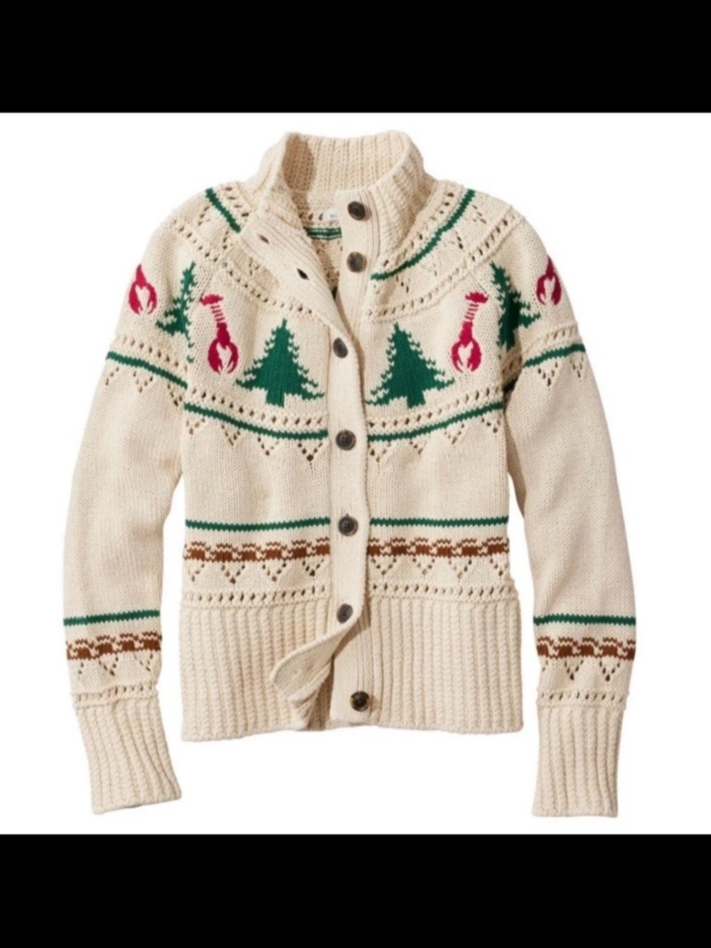 L.L. Bean Signature Cotton Fisherman Sweater Cardigan Fair Isle Lobster XL